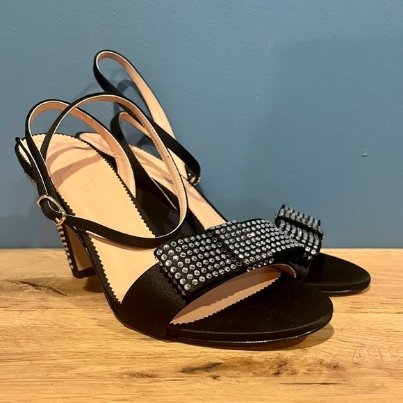 J. Crew Made-in-Italy crystal bow heels in satin shoes BV711 Black 8 NEW - Picture 3 of 9